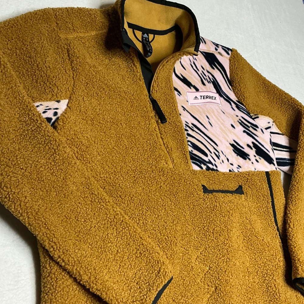 Adidas Terrex Sherpa Fleece Jacket Tiger Print Accents Mustard Yellow Women's M